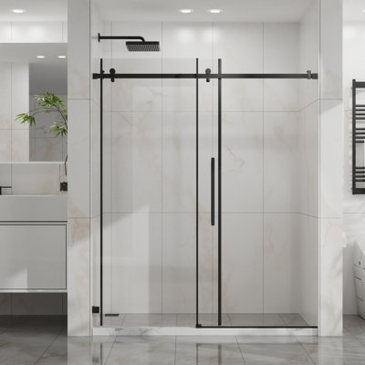 Goodyo 60" W X 72" H Sliding Shower Door, Frameless Sleek Glass Shower Door, 1/4" (6Mm) Thick Tempered Clear Glass With Easyclean Coating, Stainless Steel Hardware, Matte Black
