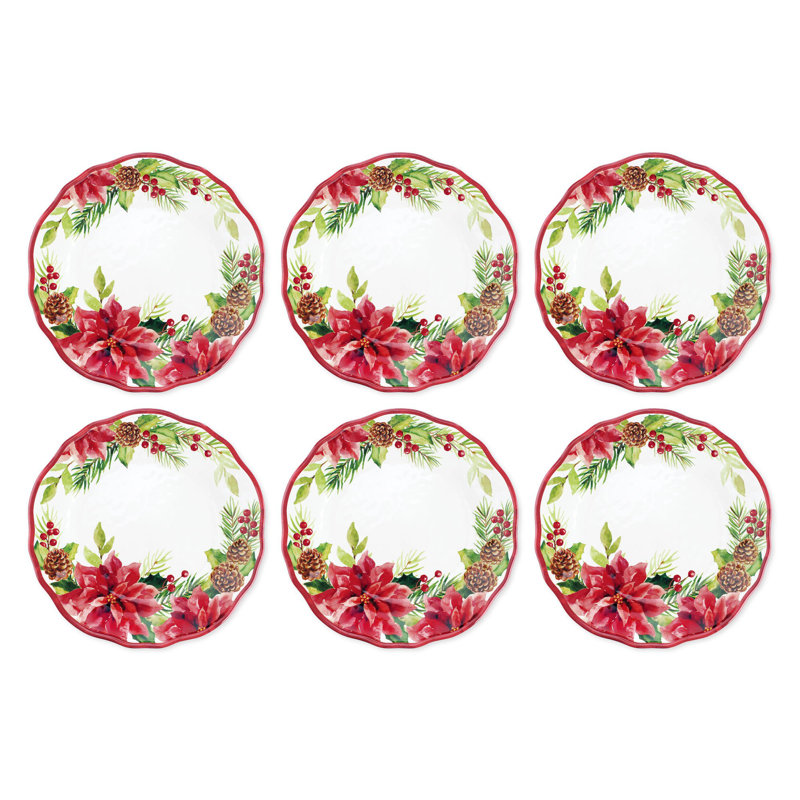 Poinsettia and Pinecone Melamine Christmas Dinner Plates, Set of 6