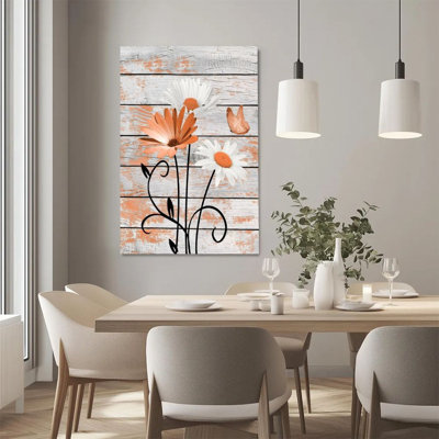 2D Flat, 1Pc Framed Canvas Wall Art, Daisies and Butterflies, Vintage Wood Grain Background, Pastoral Hand-Drawn Style Art Print Canvas Poster Paintin