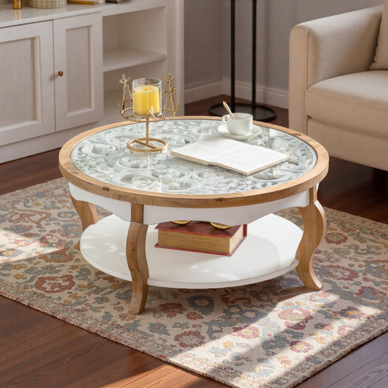 Table basse ronde en bois avec plateau en verre, table centrale circulaire en bois massif avec pieds incurvés et plateau en verre trempé amovible, table basse pour le salon, espace restreint, assemblage facile