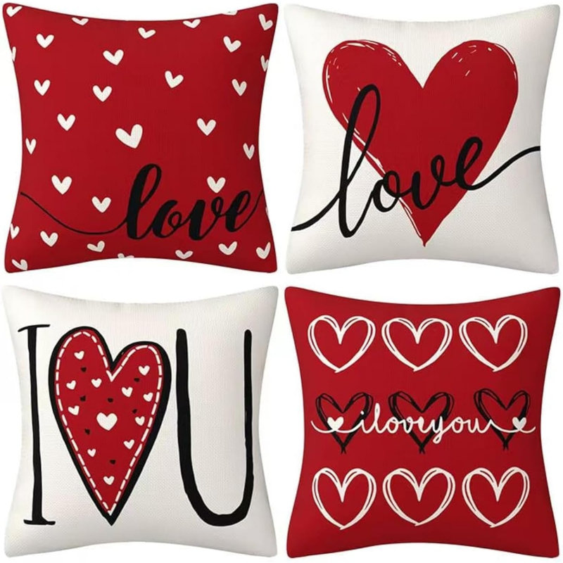 Couvertures décoratives pour la Saint-Valentin 18 x 18, ensemble de 4 taies d'oreiller en lin avec cœur rouge Love You More pour grand canapé
