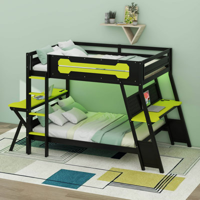 Gaming Bunk Bed With Two Built-In Desks, Dual Workstations With USB Ports & Pegboard