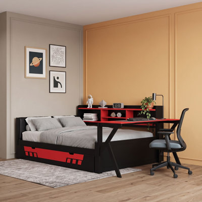 Wood Daybed with Desk, Bookcase, Storage Drawers, LED Lighting, and Charging Station
