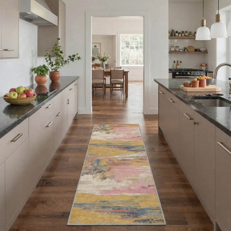Lucchesi Abstract Machine Washable Yellow / Pink Indoor Area Rug with Non-Slip Backing, Runner 2'3" x 6'
