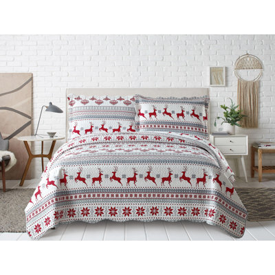 Marina Decoration Home Bedroom Pinsonic Bedding Coverlet Bedspread Ultra Soft 3 Piece Summer Christmas Embossed Printed Quilt Set with 2 Embossed Shams, Xmas Deer Pattern King Size