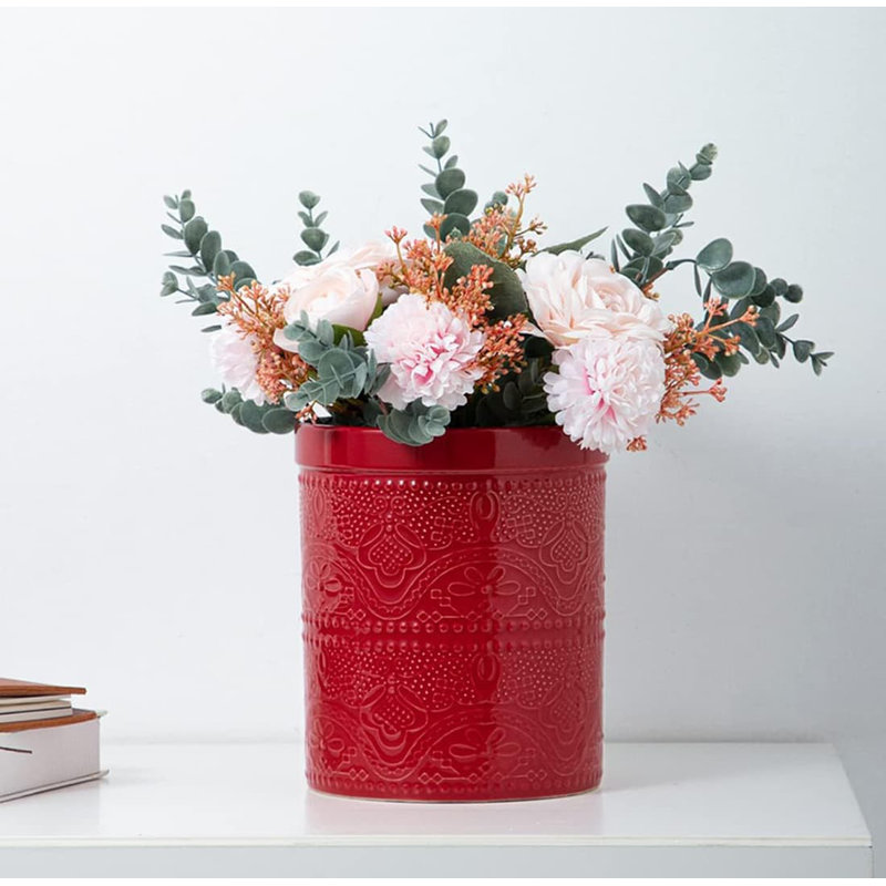 7.2" Super Large Ceramic Utensil Holder (Bright White, Lace Emboss), Christmas Red