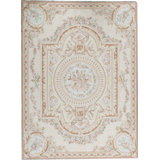 Aubusson Hand Knotted Wool Oriental Area Rug in Beige
