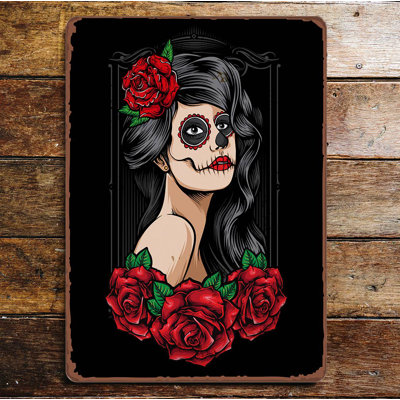 Day Of The Dead Lady Skull Roses - Metal Wall Sign