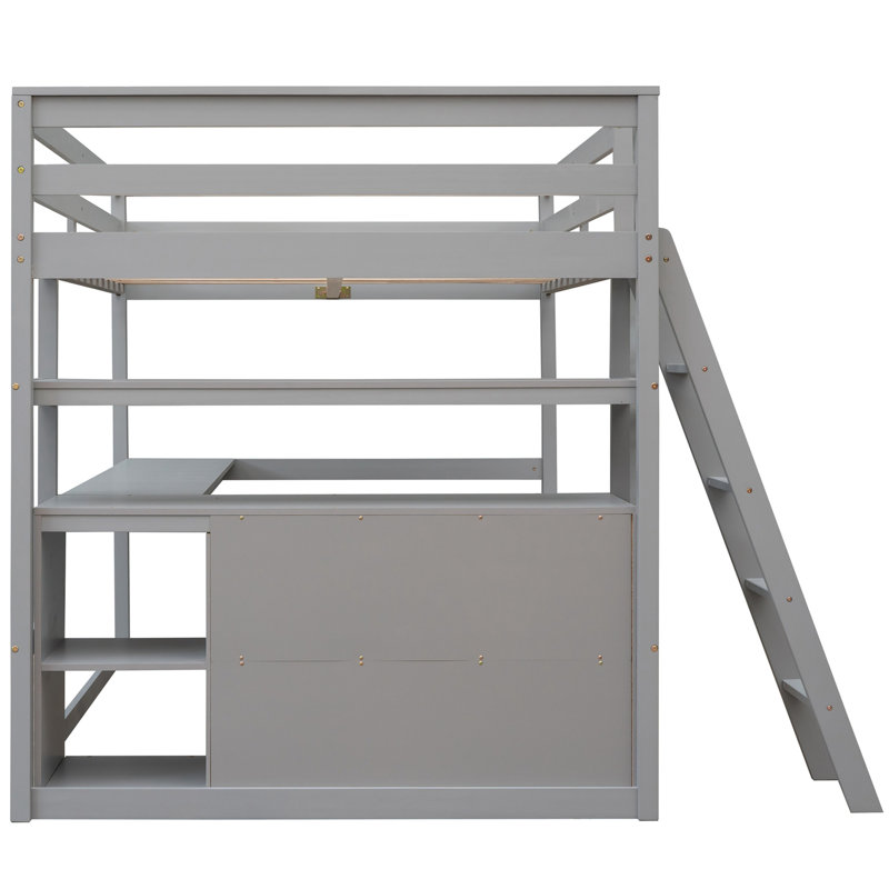 Lit mezzanine double avec bureau et tablettes, deux tiroirs intégrés, gris