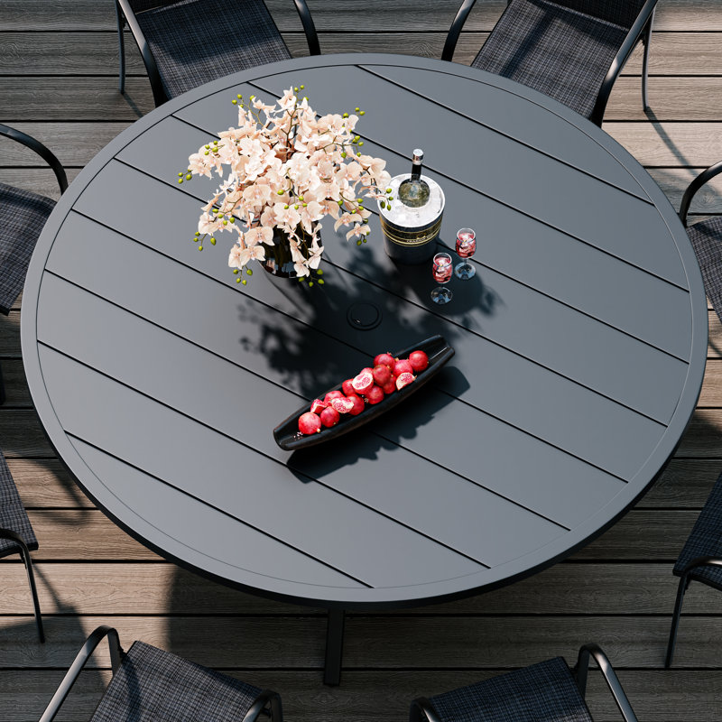 8 Person Patio Dining Set with 53" Round Metal Dining Table and 8 Stackable Textilene Chairs