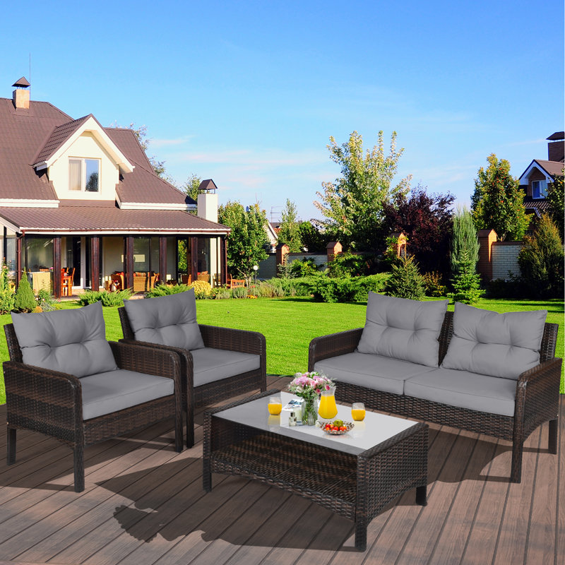 Alyaan 132cm Wide U-Shaped Metal Patio Sofa with Cushions, Grey, Black