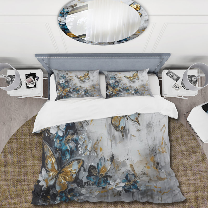 Ensemble de housse de couette en microfibre / polyester Golden Blue Butterfly Wings And Flowers III