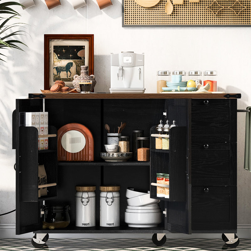 Large Kitchen Island With Power Socket And Internal Shelf, 54.5" X 28.3" 36.5", Black Rolling Cart Storage Charging Station,