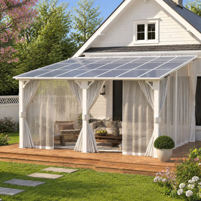 Wall Mounted Hardtop Patio Gazebo with Curtains and Mosquito Netting