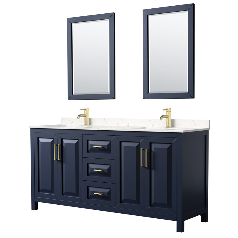 72 in. Double Vanity with Mirror, Carrara Cultured Marble, Dark Blue, Brushed Gold