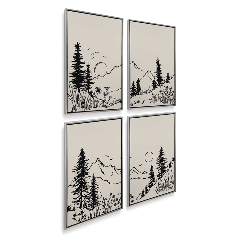 Ensemble de 4 impressions Whispering Peaks, 18 po x 12 po, Cadre flottant en chrome poli