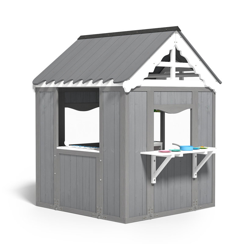 TOBBI Outdoor Wooden Kids Playhouse with Blackboard & Toy Kitchen Accessories, Backyard Play Equipment for Boys & Girls, Ages 3‑6, 41”L x 55”H, Gray