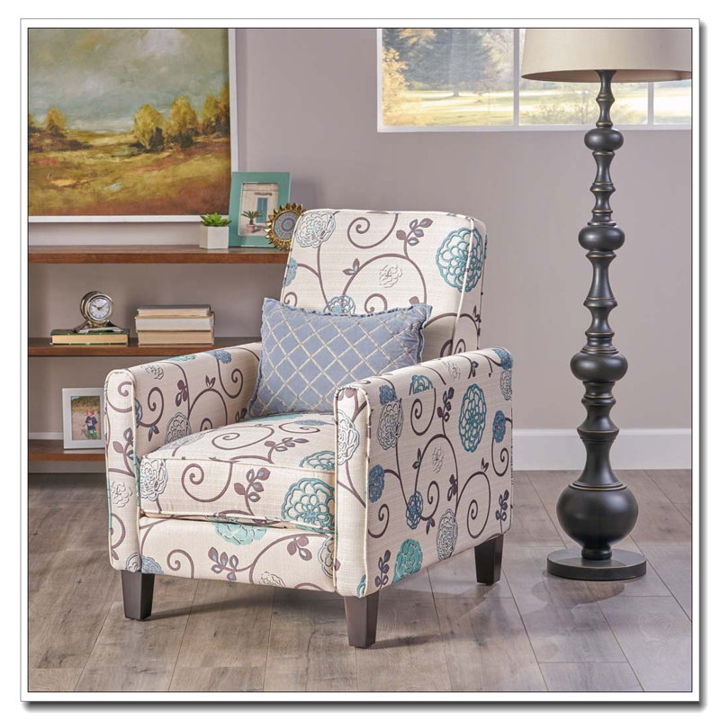 27.5" Push Back Recliner Chair Upholstered Recliner Armchair with Solid Beech Wood Legs, Polyester, White+Blue