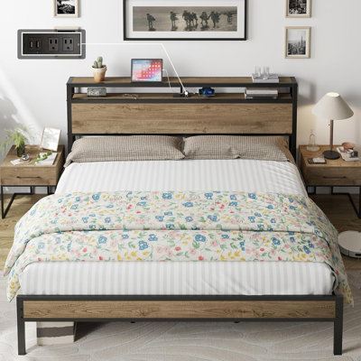 Queen Size Platform Bed Frame With 2-tier Storage Headboard/ Charging Station,Rustic Gray