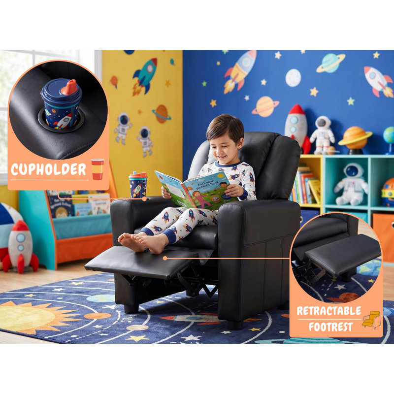 Bianco Kids Recliner Chair with Cupholder PU Leather, Black