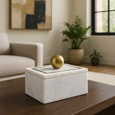 Scarbrough Decorative Box Marble Stone Metal Brass Modern Storage Container with Removable Lid Contemporary Accent Box for Shelf or Tabletop Display Home Organizer Accessory Modern Design