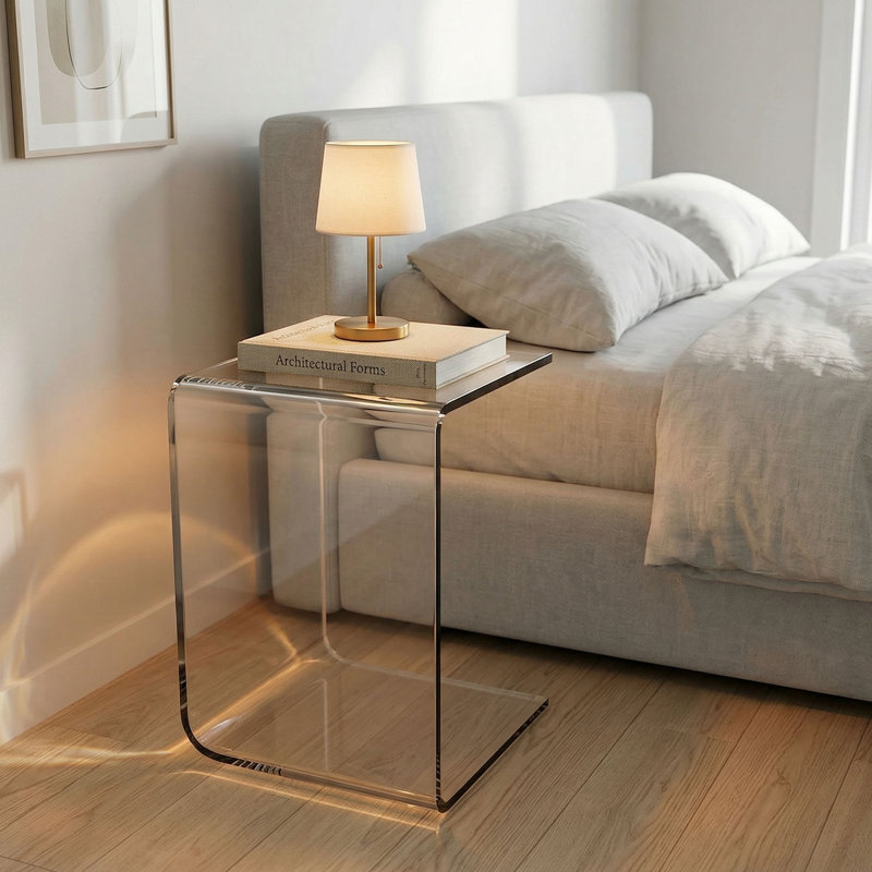 Table d'appoint en forme de C en acrylique transparent, Brun, H 24 po x l 12 po x P 14 po