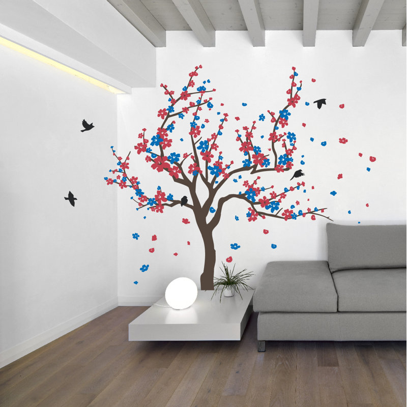 Adhésif décoratif cerisier japonais, Brun / rouge / bleu, H 38 x l 59 po x P 0,01 po