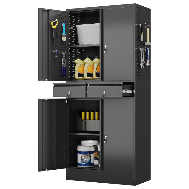 Metal Storage Cabinet With 2 Drawers And Pegboard, Garage Storage Cabinet With Locking Doors And 2 Adjustable Shelves, 71" H Steel Cabinets For Garage, Home, Office, School, Black