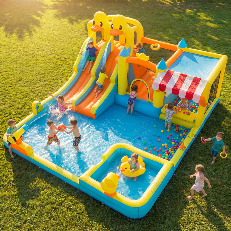 Grande maison gonflable gonflable avec support de marché, double glissade et piscine d'eau, souffleur de 750 W
