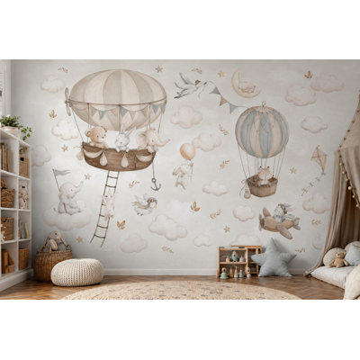 Papier peint fond blanc avec montgolfière