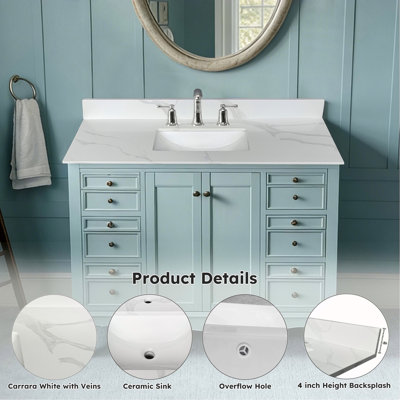 Plateau de meuble-lavabo en quartz 43 po, lavabo central encastré à simple cuve de 3/4 po d'épaisseur, dosseret de 4 po de hauteur, 3 trous de robinet pré-percés, résistant aux taches et à la chaleur, quartz blanc de Carrare avec veines