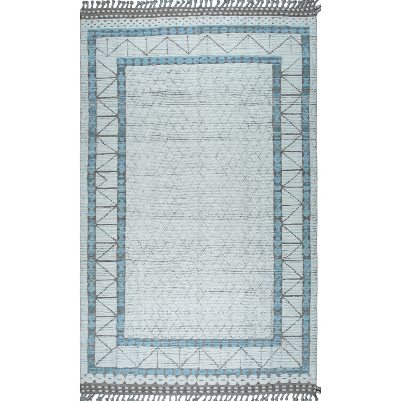 Ivory Hand-Knotted Wool Framed Diamond Field Geometric Modern Contemporary Carpet Rug, 6' X 9'
