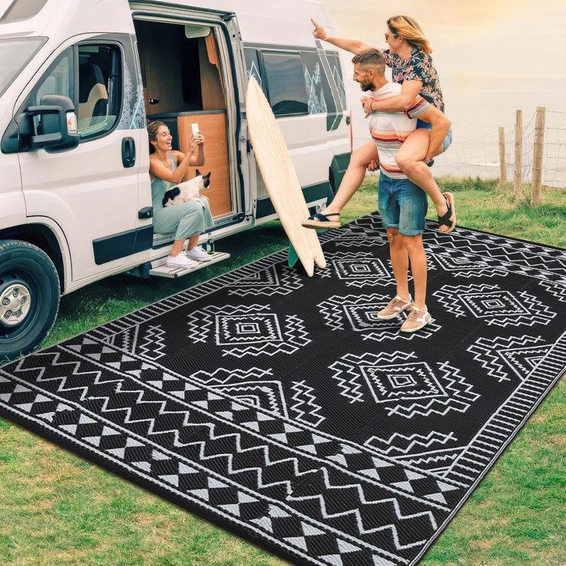 Large Outdoor Rug - Waterproof Reversible Plastic Straw Patio Mat, Foldable Camping & RV Mat with Stakes, Modern Geometric