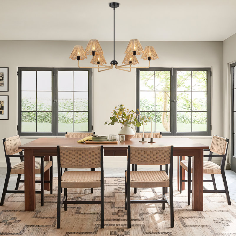 6-Light 38.98" W Boho Style Black Chandelier With Hand-Woven Rattan Shade For Kitchen Island, Dining Room, Entryway, Suitable For Sloped Roof Mounting