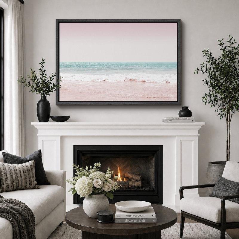 Plage côtière, rose, bleu sarcelle, vagues de l'océan, nature, paysage, illustrations, moderne, rustique, Cadre flottant noir