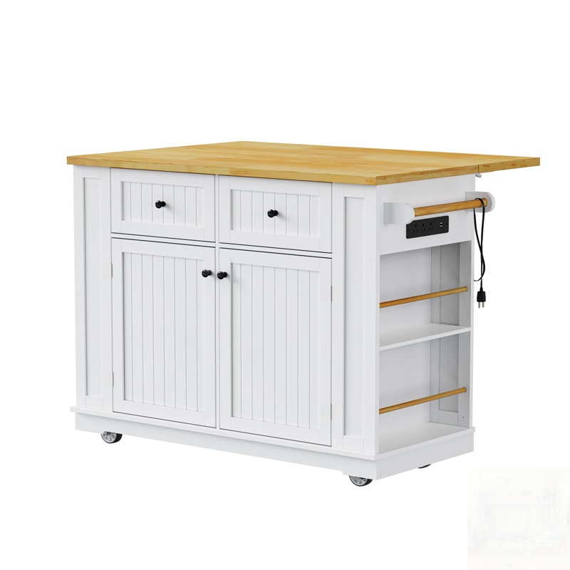 Îlot de cuisine avec abattant, prise de courant, rangement interne et chariot roulant sur 5 roues, parfait pour les cuisines modernes et un rangement efficace
