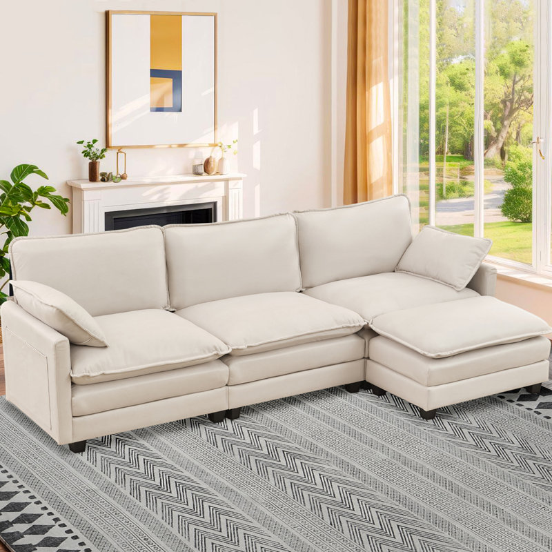 Canapé modulaire rembourré à siège en forme de L de 113 po Carbry, Tissu technique blanc crème