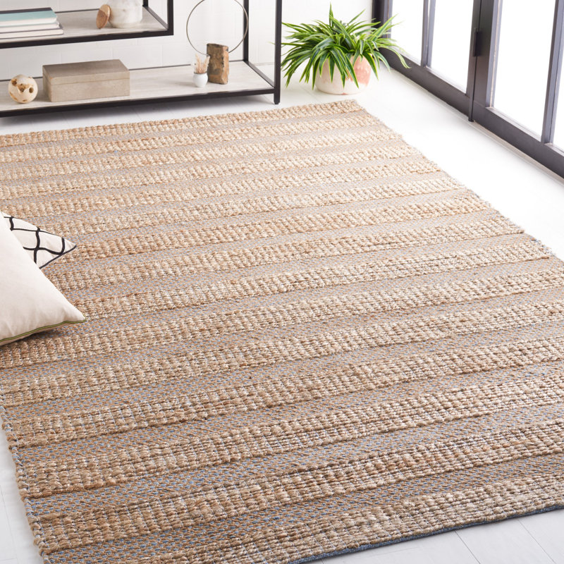 Ifeoluwapo Natural Fiber Flat Weave Jute/Cotton Geometric Rug in Light Blue/Natural, Rectangle 6' x 9'