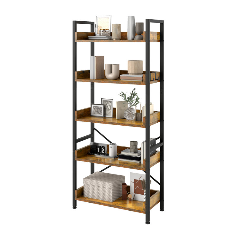 Bookcase 5 Tiers With 4 Hooks, Rustic Brown
