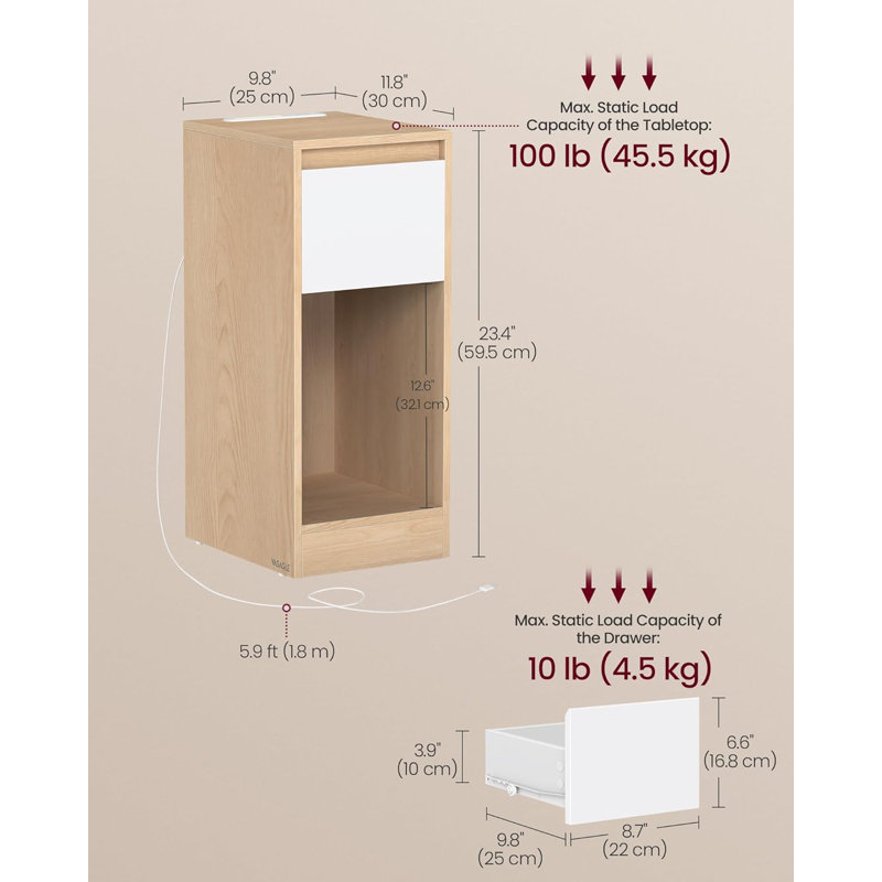 25cm W Particle Board Bedside Table, Brown