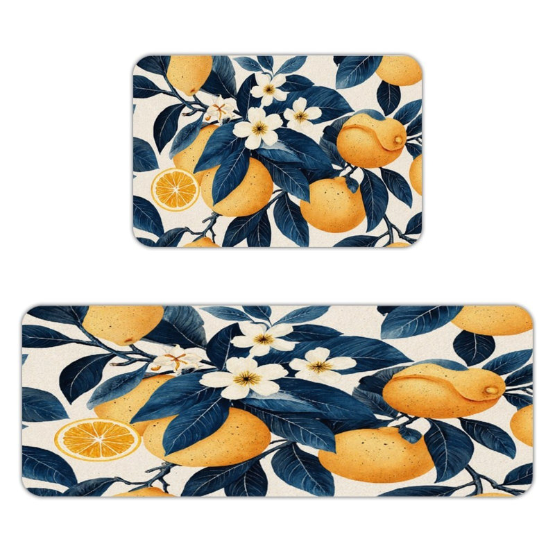 Orange & White Flower, Kitchen Mats Set Of 2, Ivory Floral