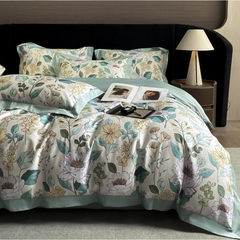 Satin Floral Duvet Cover, Light Matcha Floral, Queen Duvet Cover + 2 Queen Pillow Shams
