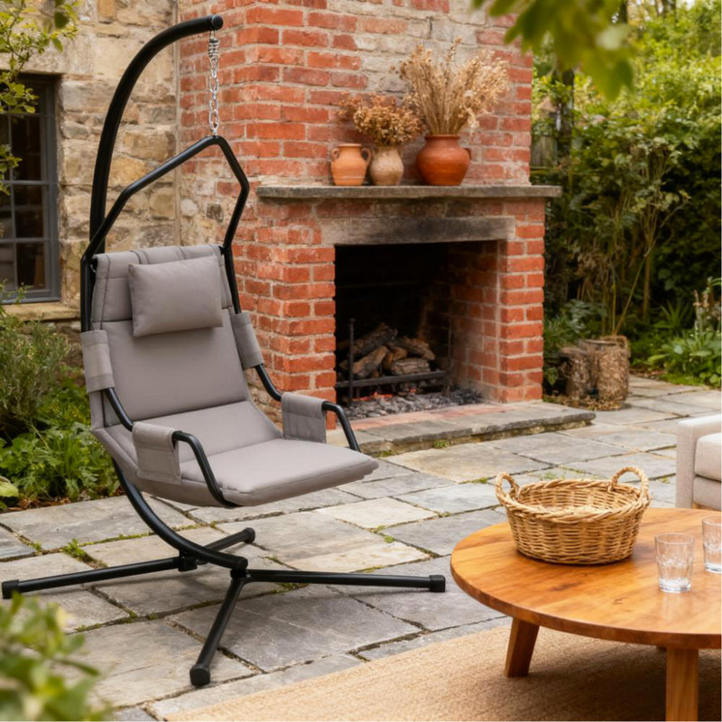 Chaise de balançoire suspendue, chaise hamac avec support et coussin de revêtement, avec structure en acier pour l'intérieur et l'extérieur