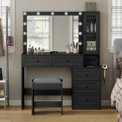 43" W Vanity Desk with Mirror & 11 Lights, 5 Drawer Modern Makeup Desk with Glass top & Cushioned Stool, 3 Lighting Modes Brightness Adjustable,Power
