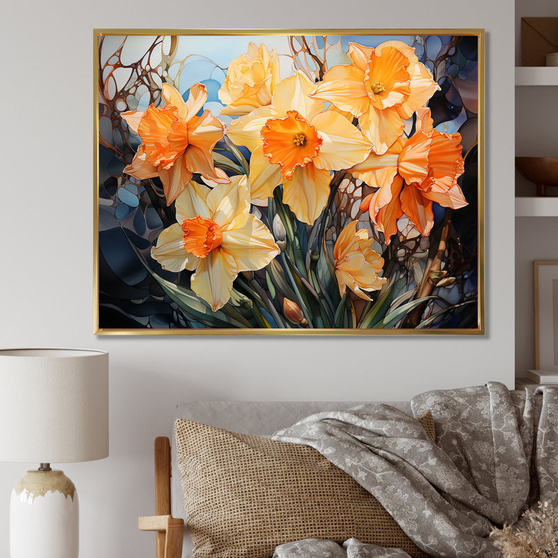 " Orange Daffodils Efflorescence ", 30" H x 40" W x 1.5" D, Gold Floater Framed