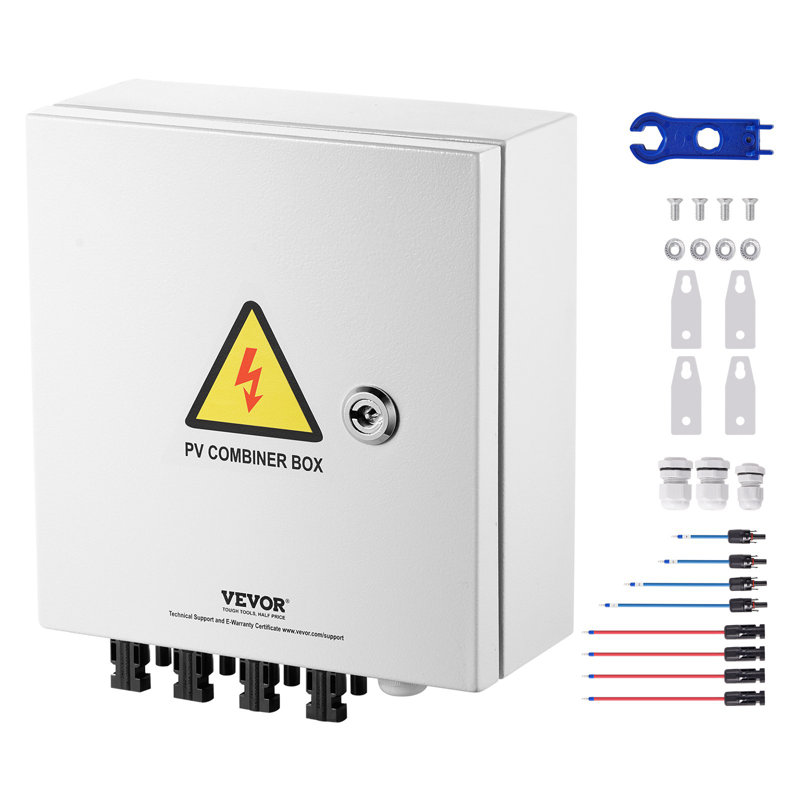 Boîte de combinaison PV, 4 cordes, boîte de combinaison solaire avec fusible de 15 A, disjoncteur 63A et connecteur solaire, boîtier en acier pour système de panneau solaire marche / arrêt, IP65