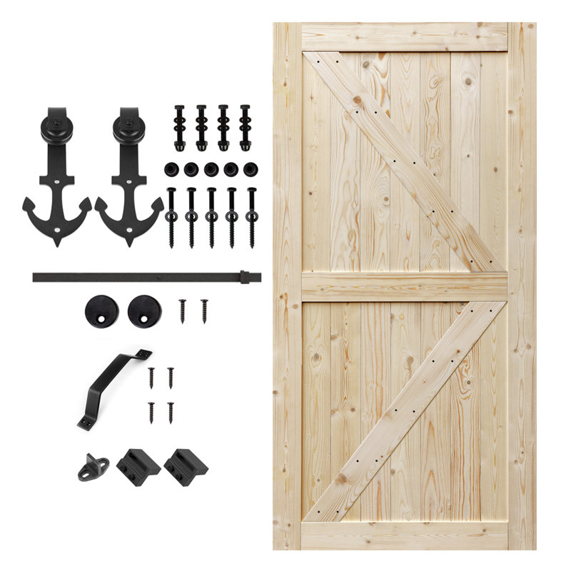 Porte de grange à panneaux en bois brut avec trousse de quincaillerie d'installation, 42 po x 80 po