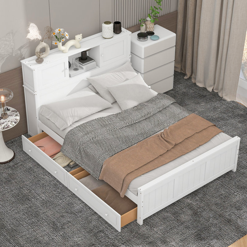 Lit plateforme avec tête de lit et porte coulissante, White