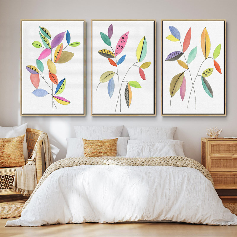 Color Pop Leaves II - Ensemble de 3 cadres flottants sur toile, H 27 po x l 54 po, Cadre flottant naturel
