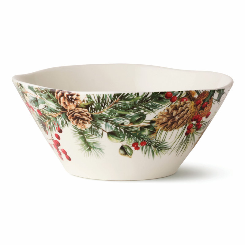 Woodland Deep Bowl - Un centre de table en grès blanc de 10 pouces et 88 onces, orné de plantes botaniques d'hiver, aussi beau à la table qu'à la cuisine.